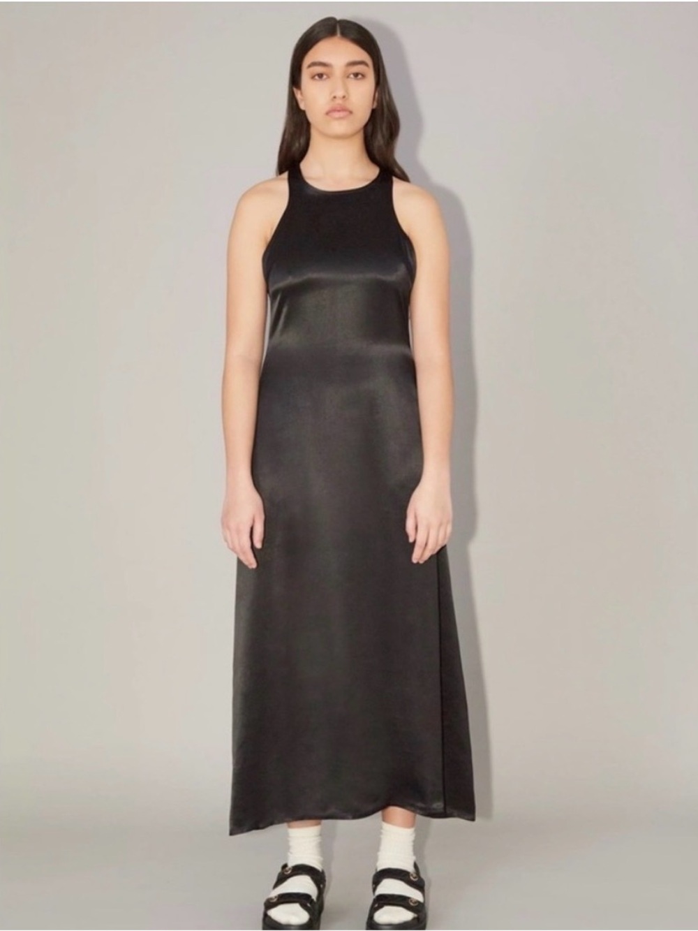 Uncle Studios A-Line Slip Dress Satin Black Racerback Maxi/Midi Dress Small S